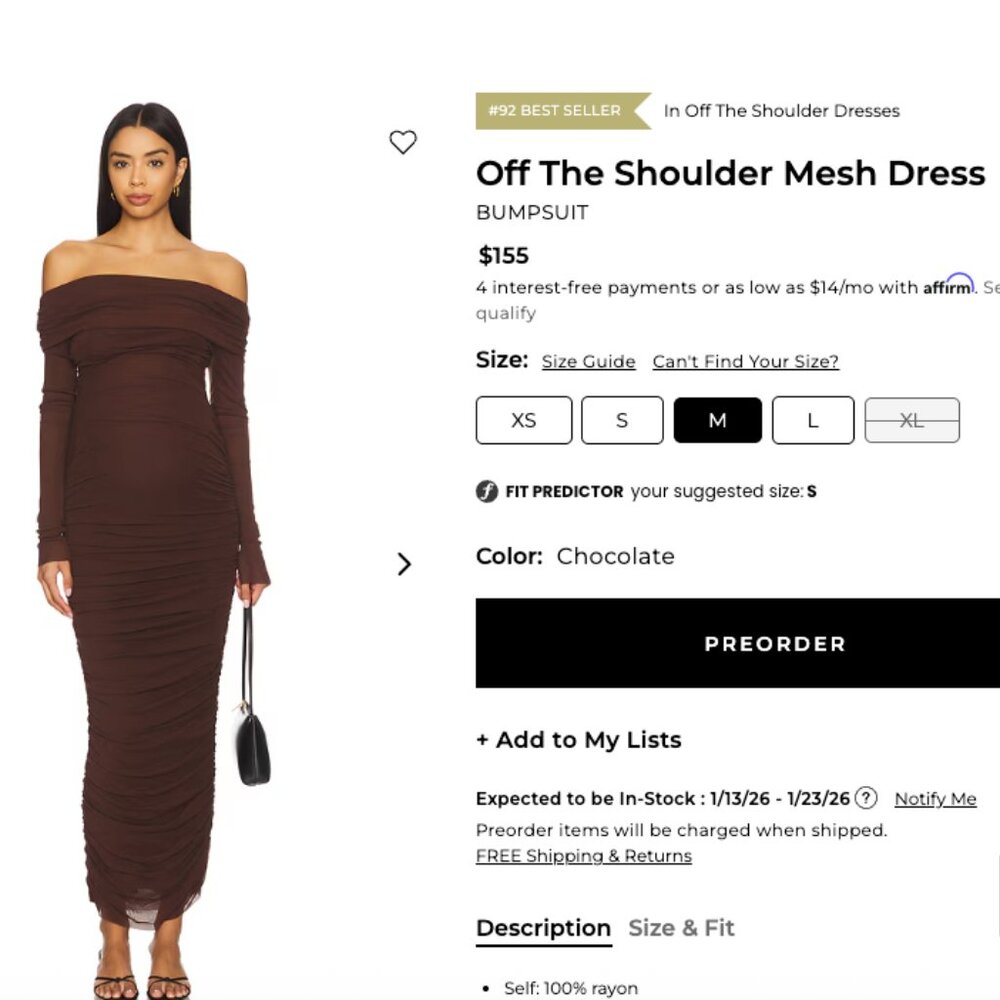 BUMPSUIT Off The Shoulder Mesh Dress - Size MEDIUM